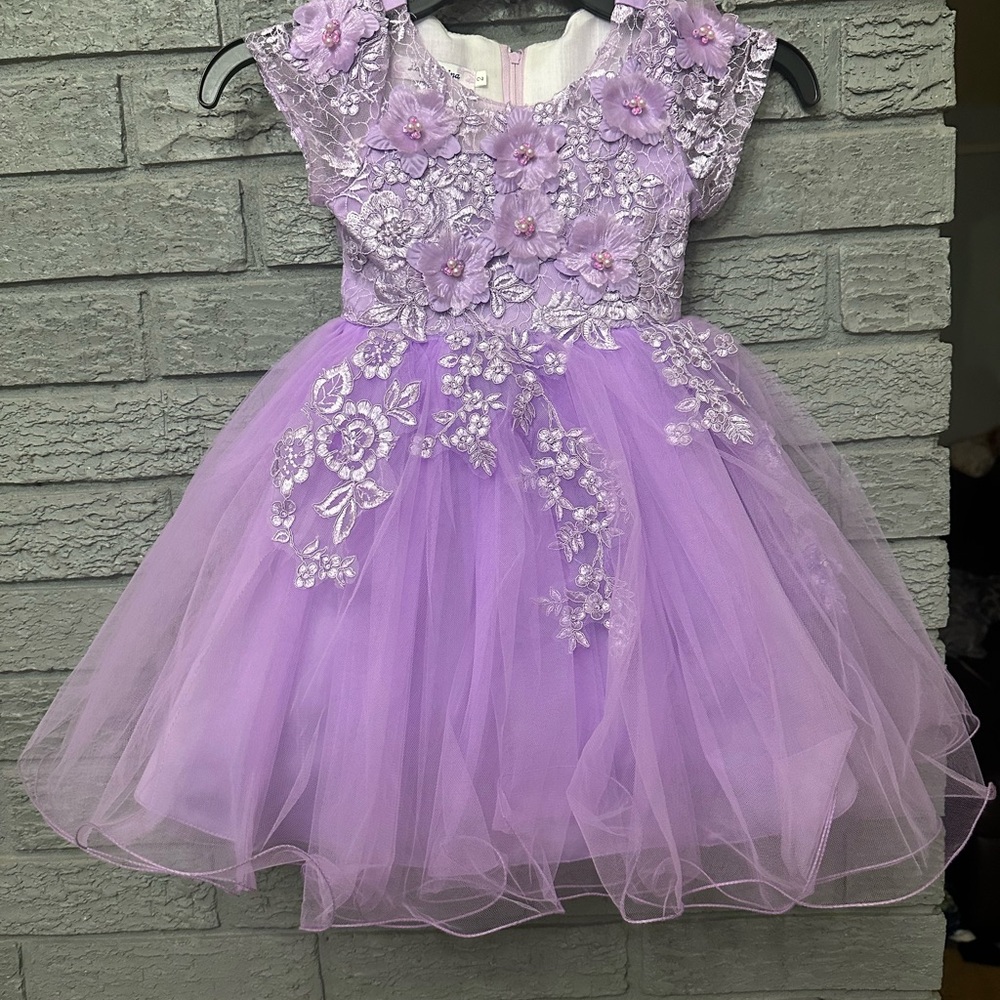 Lilac Floral Embroidered Tulle Party Dress for Kids